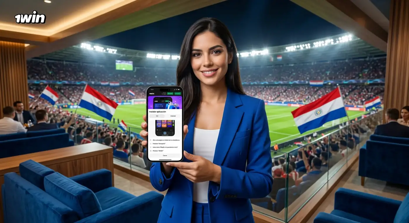 Mujer en un palco de estadio con banderas de Paraguay muestra la instalación de la app de 1win en su celular