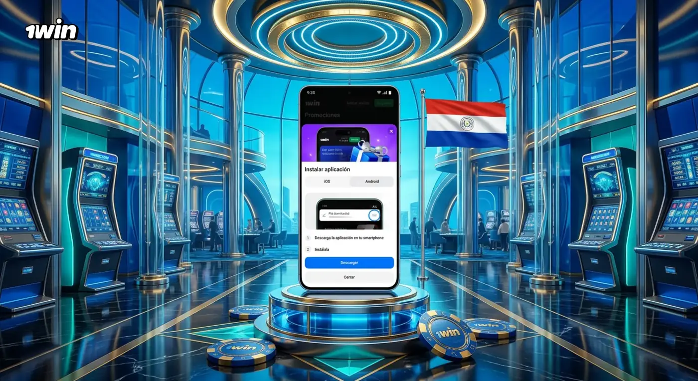 Celular con la pantalla de instalación de la app de 1win sobre un pedestal en un casino iluminado con la bandera de Paraguay