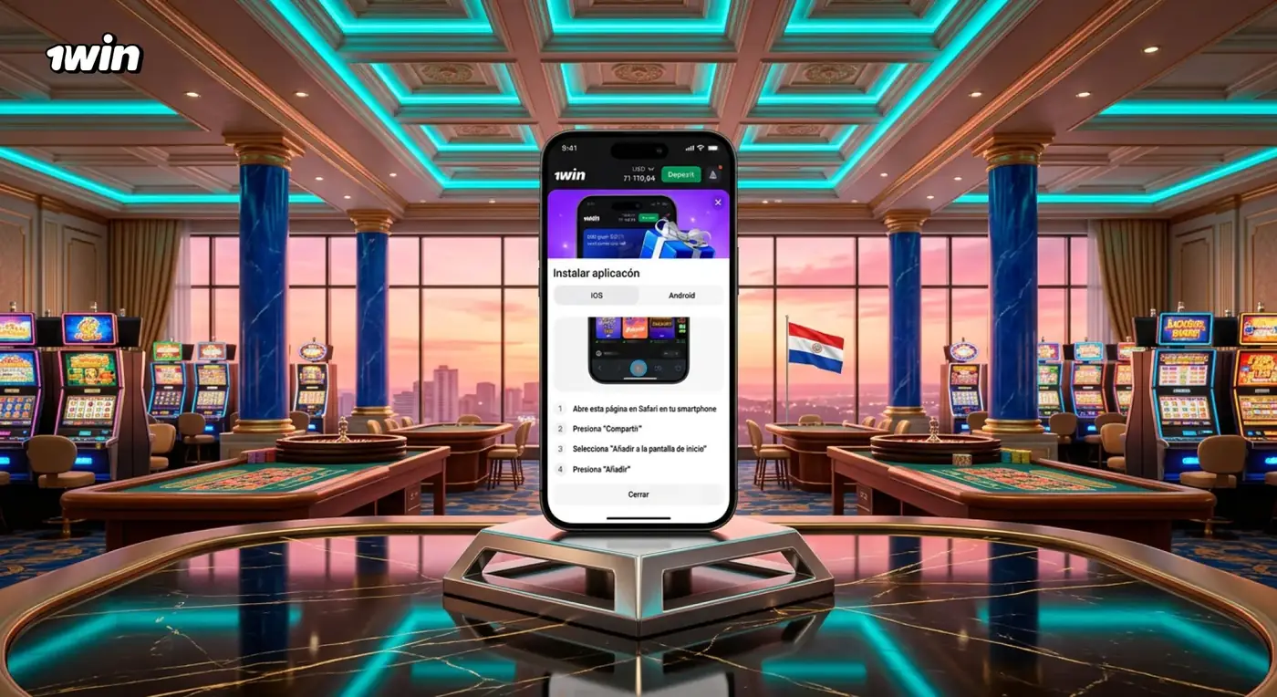 Celular con el acceso directo de 1win sobre un pedestal en una sala de casino al atardecer con la bandera de Paraguay