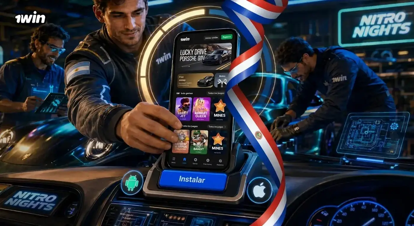 Jugador instala la app de 1win en su celular dentro de un garaje de autos con la bandera de Paraguay