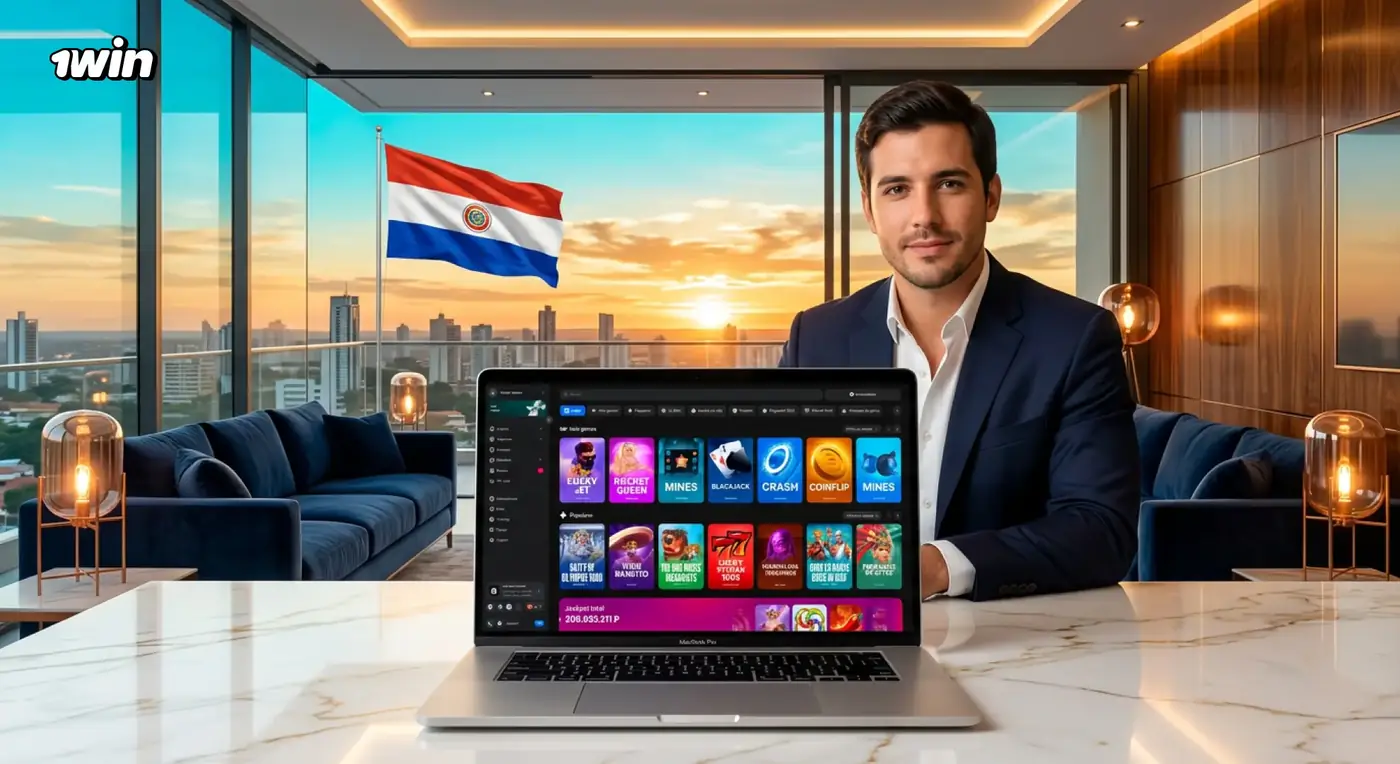 Hombre frente a una laptop con 1win en una sala con vista a Asunción al atardecer y la bandera de Paraguay