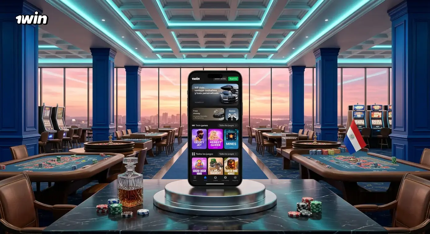 Celular con la app de 1win sobre un pedestal en un salón VIP de casino con la bandera de Paraguay